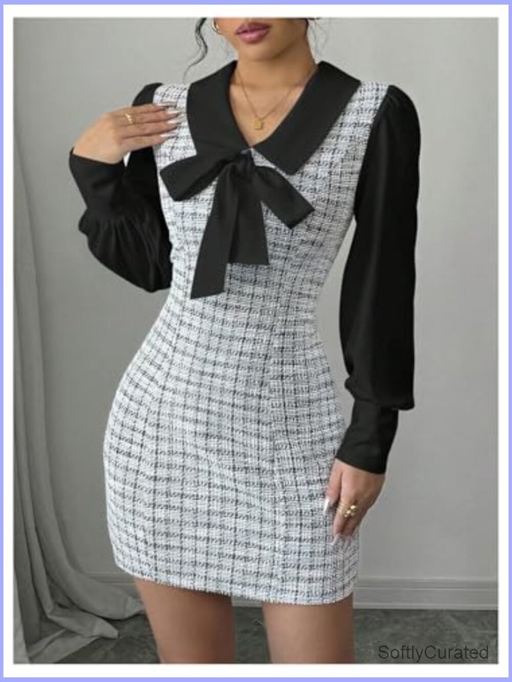 Elegant Plaid Tweed Dress Bow Front Lantern Long Sleeve 2 in 1 Mini - Picture 2 of 6